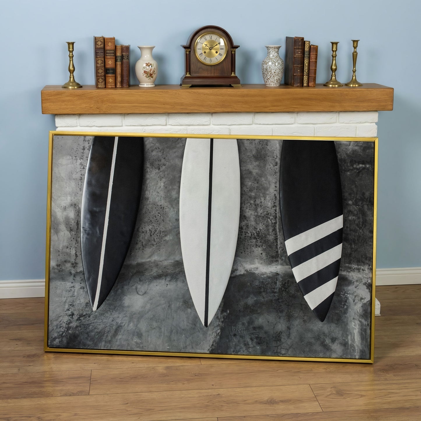 Modern Black and White Surfboard Canvas in yellow gold floating frame