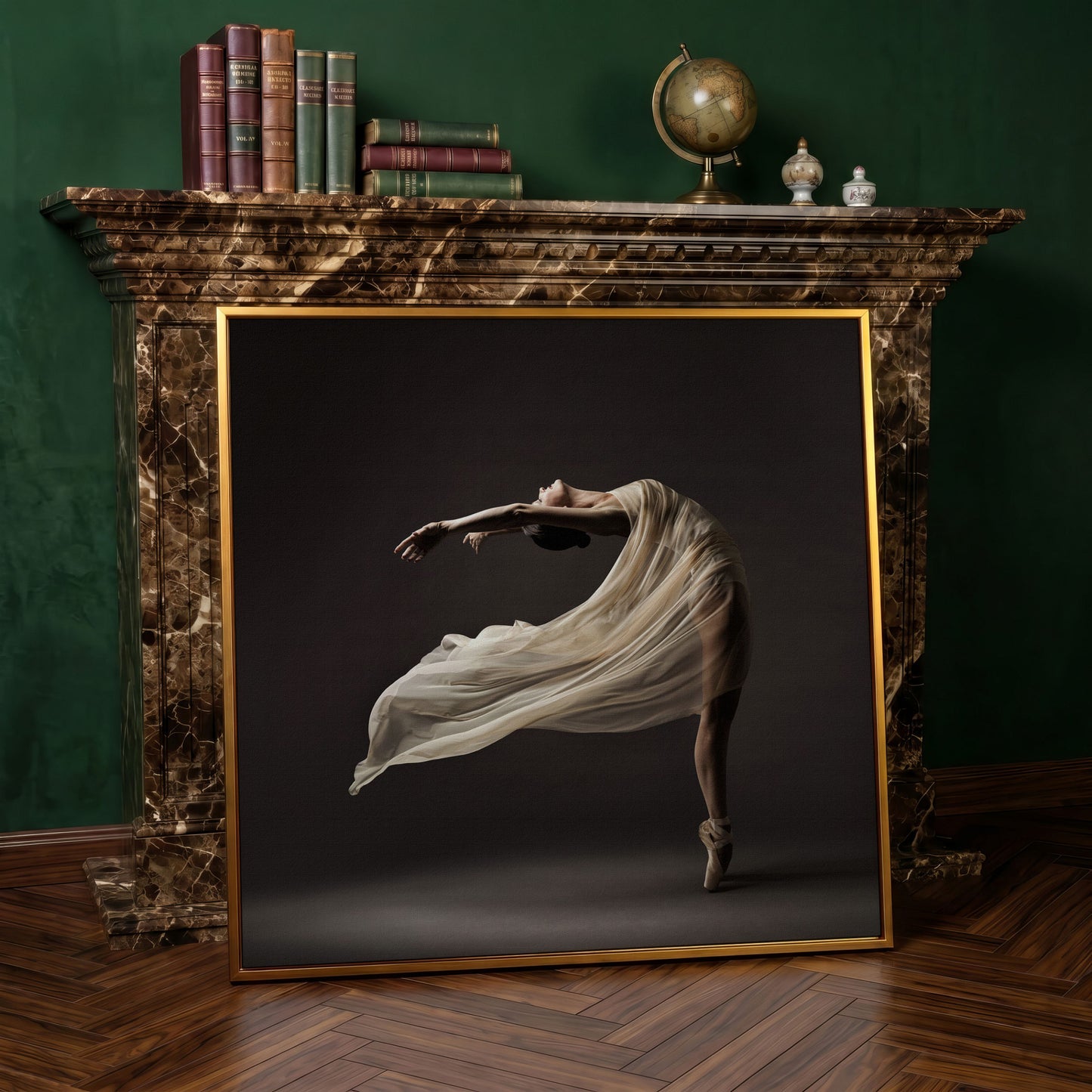 Ballerina in Motion Canvas Print in antique gold floating frame