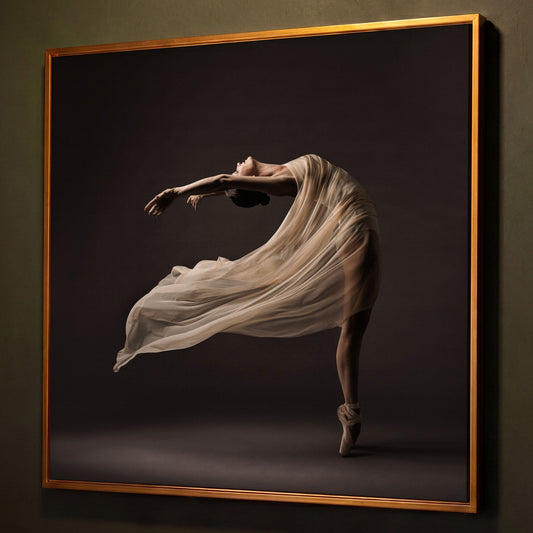 Ballerina in Motion Canvas Print shown in antique gold floating frame