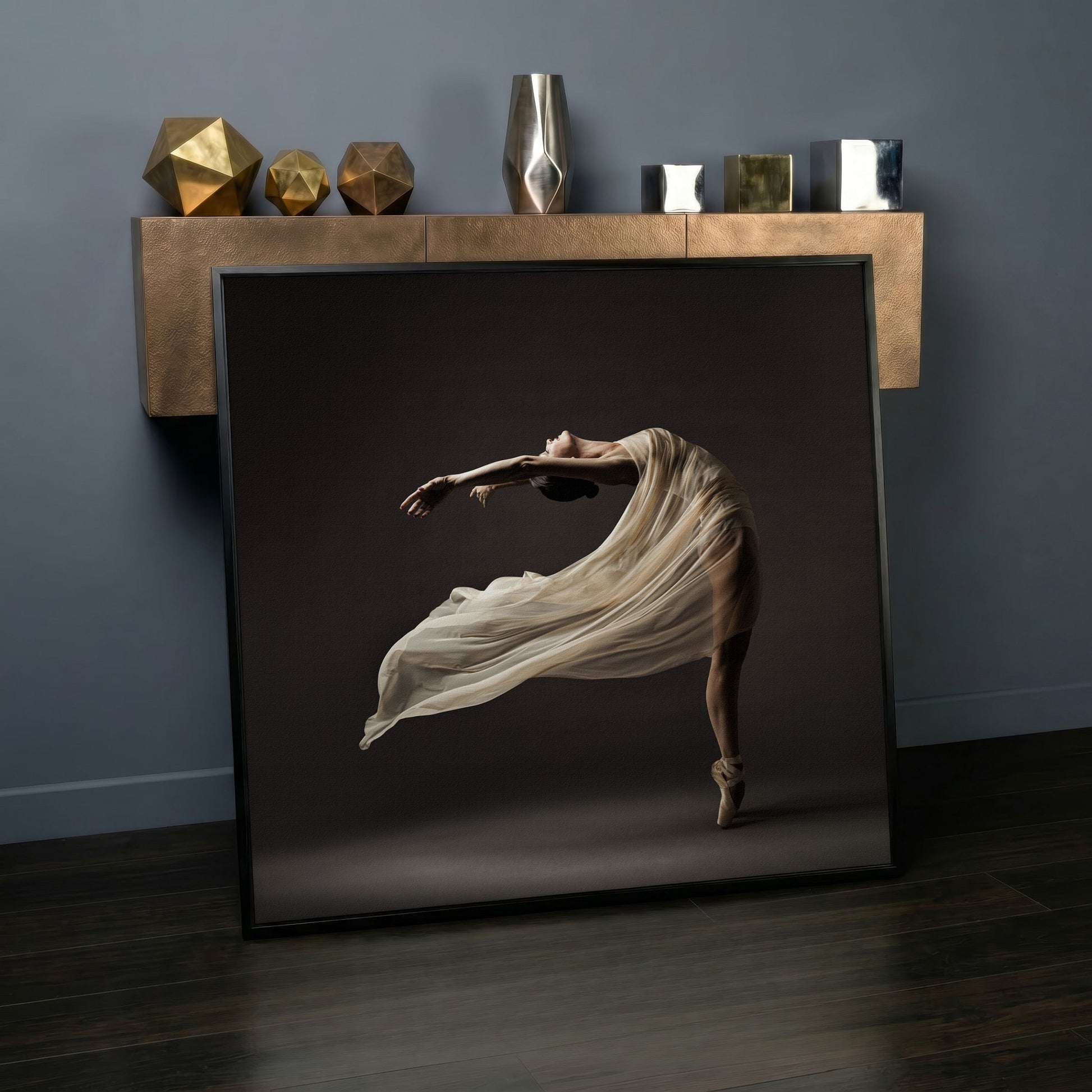 Ballerina in Motion Canvas Print in black floating frame