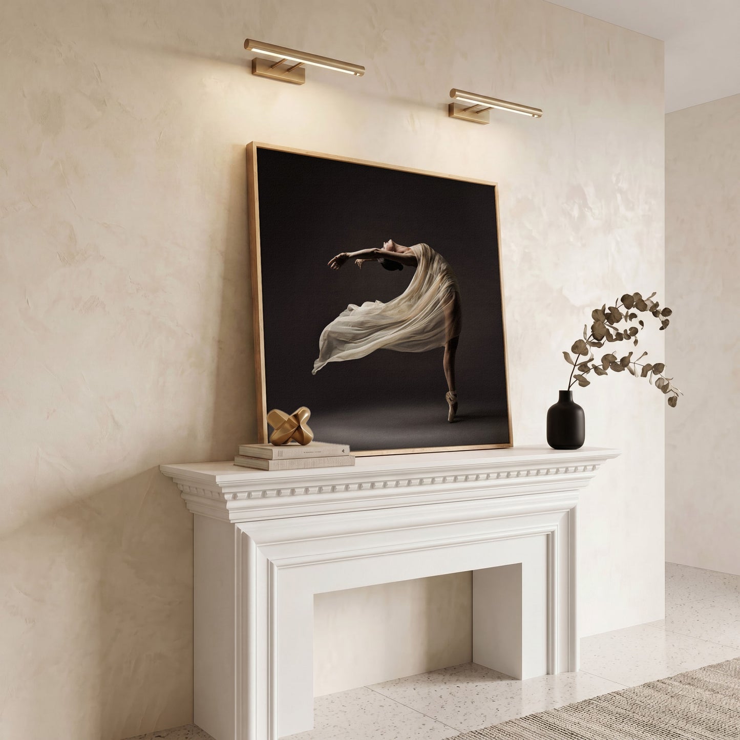 Ballerina in Motion Canvas Print in white oak floating frame