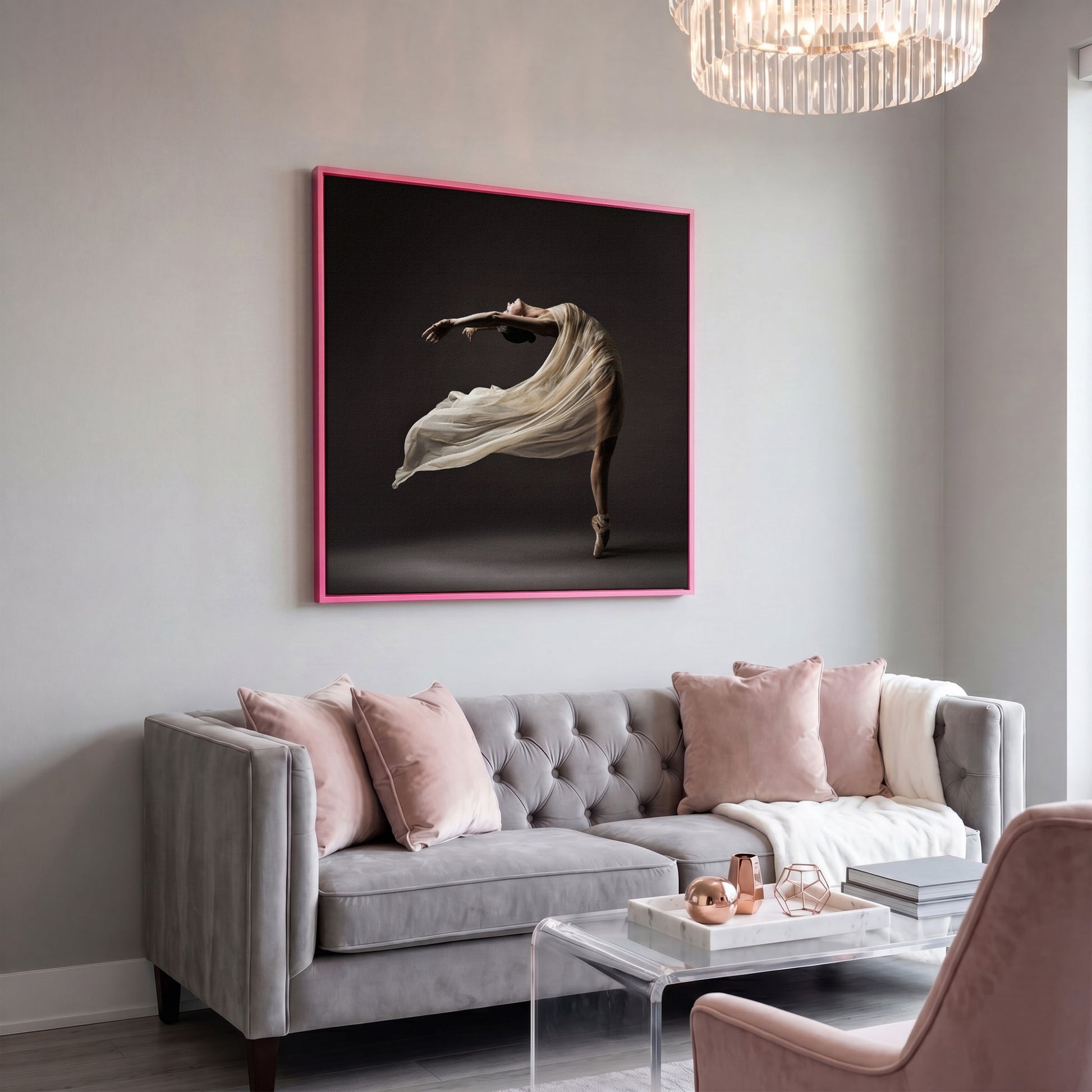 Ballerina in Motion Canvas Print in pink floating frame