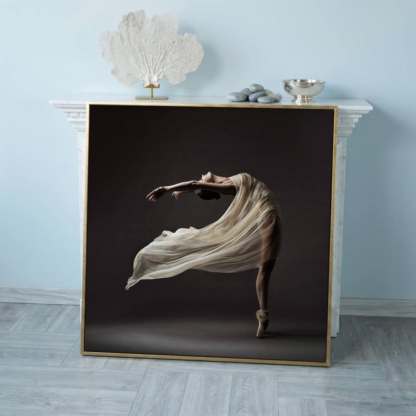 Ballerina in Motion Canvas Print in rose gold floating frame