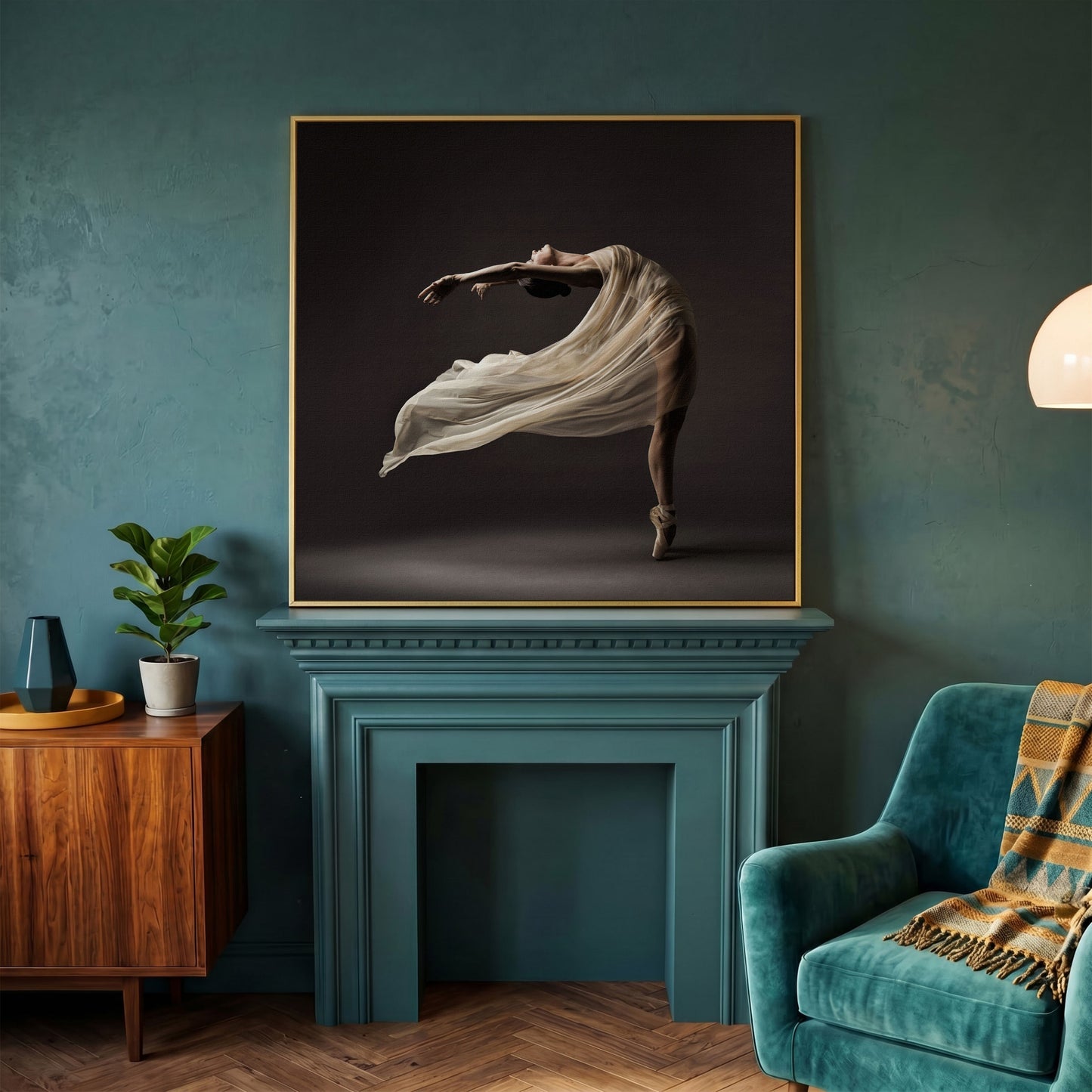 Ballerina in Motion Canvas Print in yellow gold floating frame