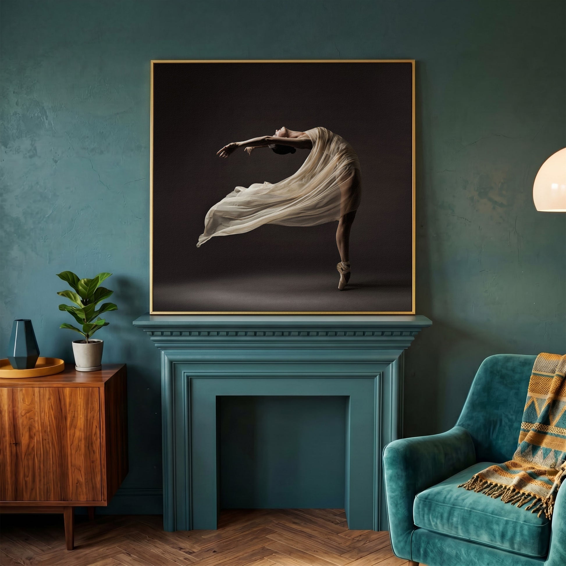 Ballerina in Motion Canvas Print in yellow gold floating frame