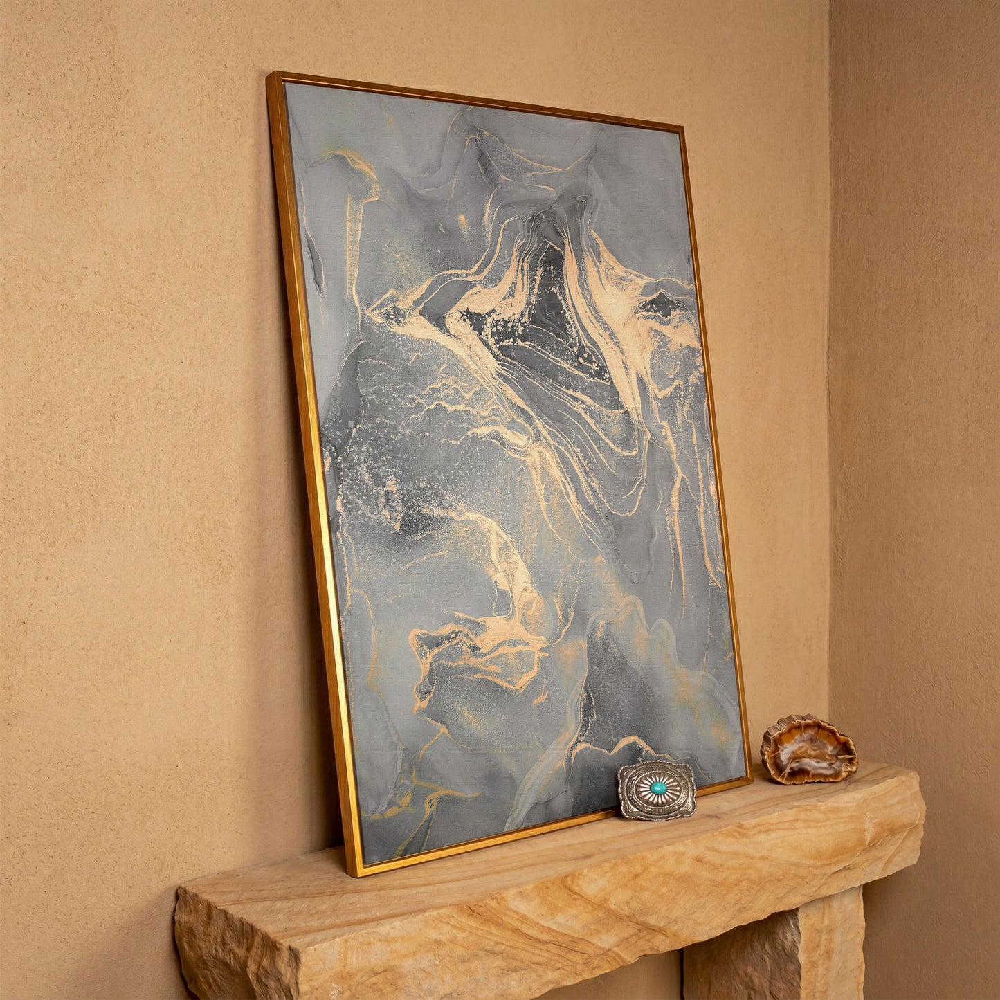 Gray Marble with Golden Veins Canvas Print in antique gold floating frame