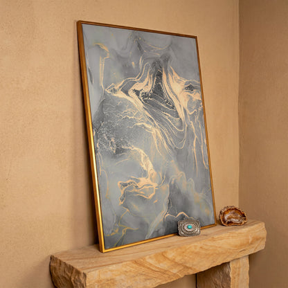 Gray Marble with Golden Veins Canvas Print in antique gold floating frame