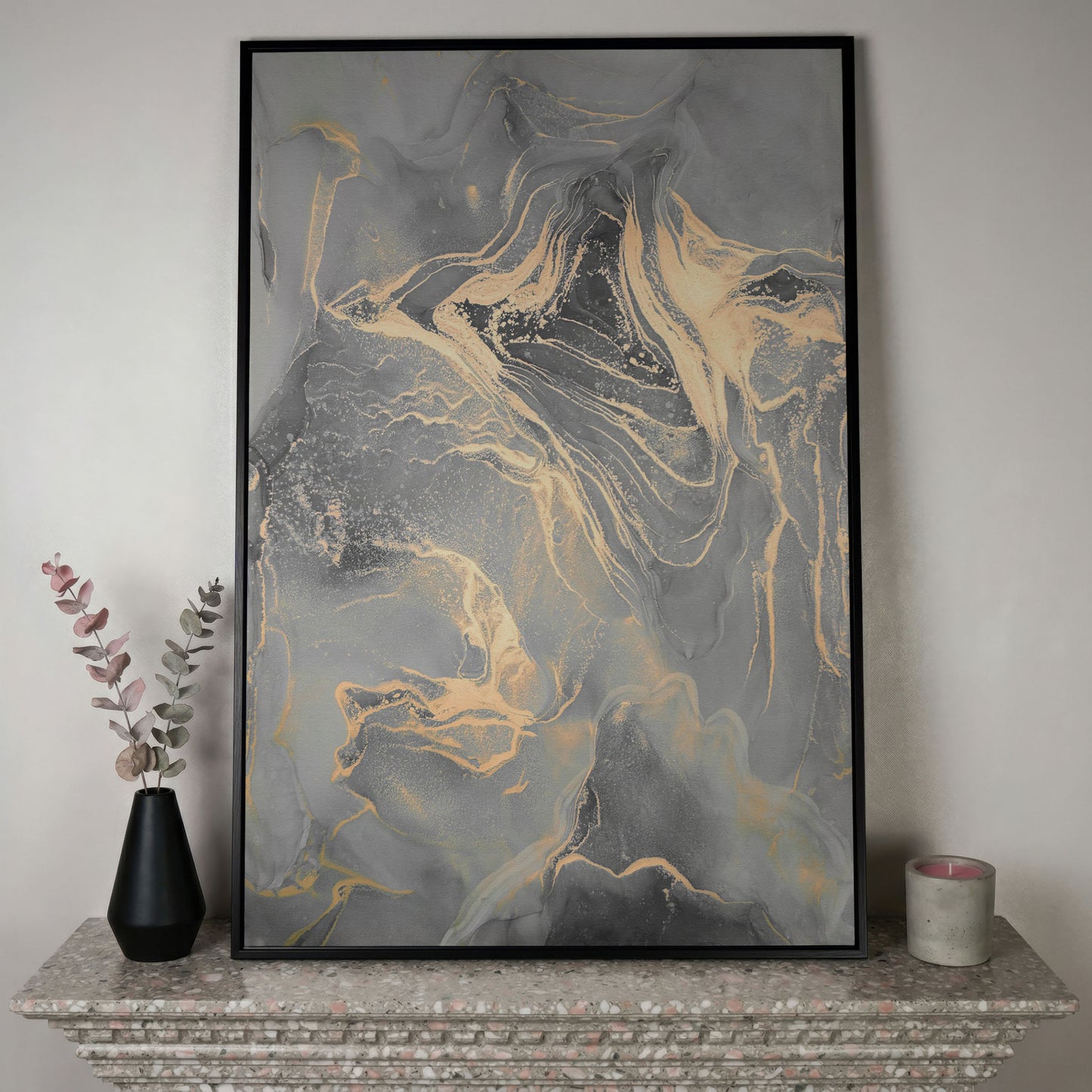 Gray Marble with Golden Veins Canvas Print in black floating frame
