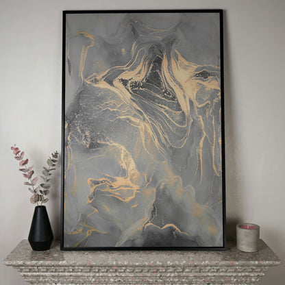 Gray Marble with Golden Veins Canvas Print in black floating frame