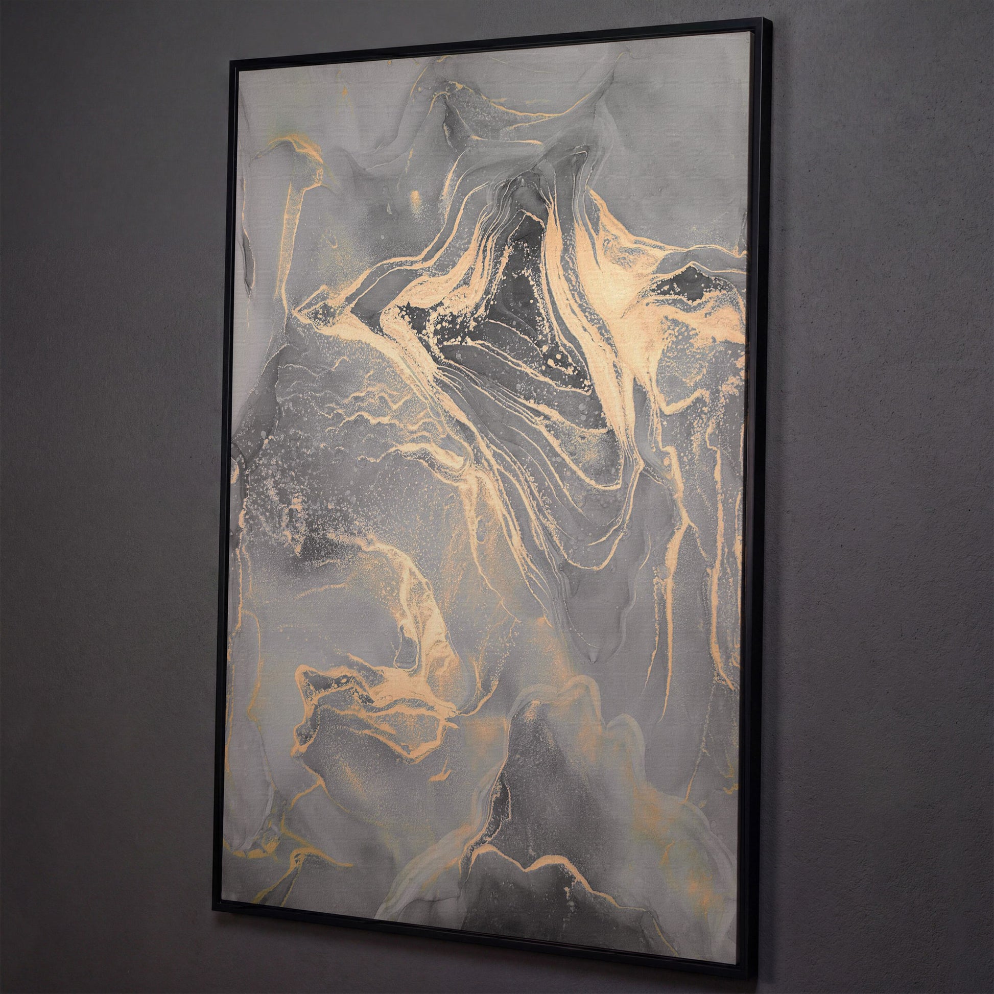 Gray Marble with Golden Veins Canvas Print shown in black floating frame