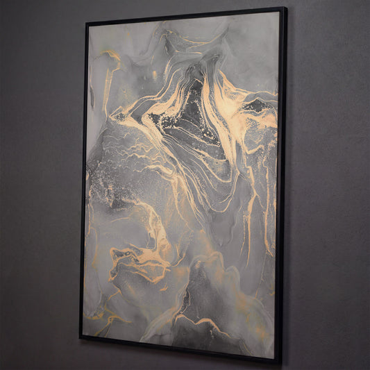 Gray Marble with Golden Veins Canvas Print shown in black floating frame