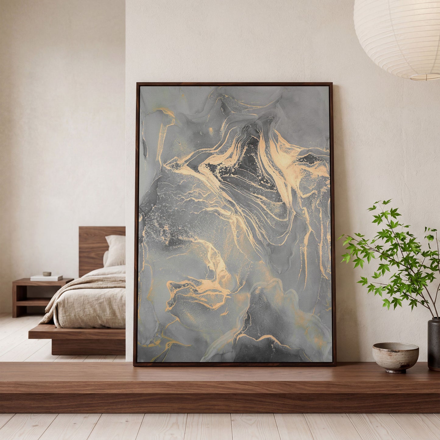 Gray Marble with Golden Veins Canvas Print in dark walnut floating frame