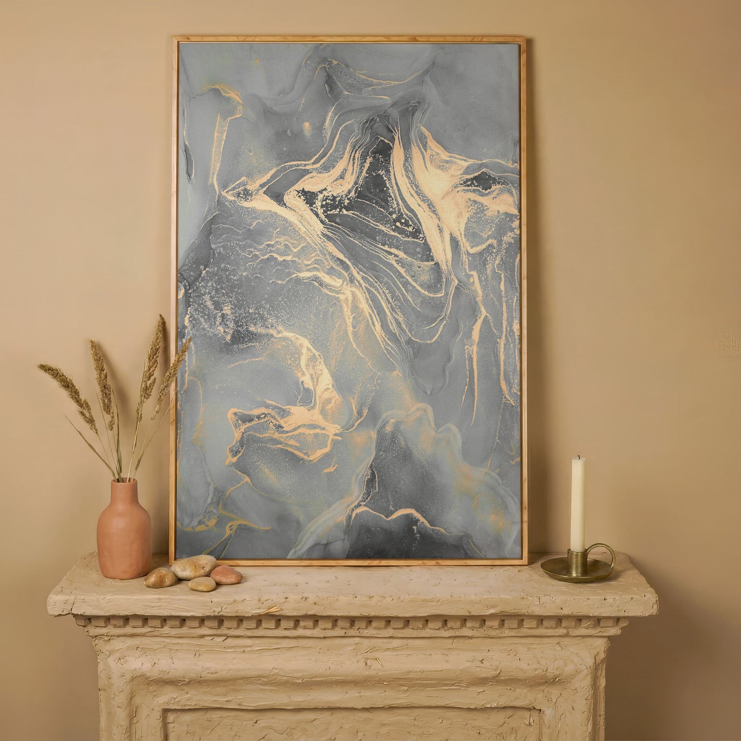 Gray Marble with Golden Veins Canvas Print in white oak floating frame