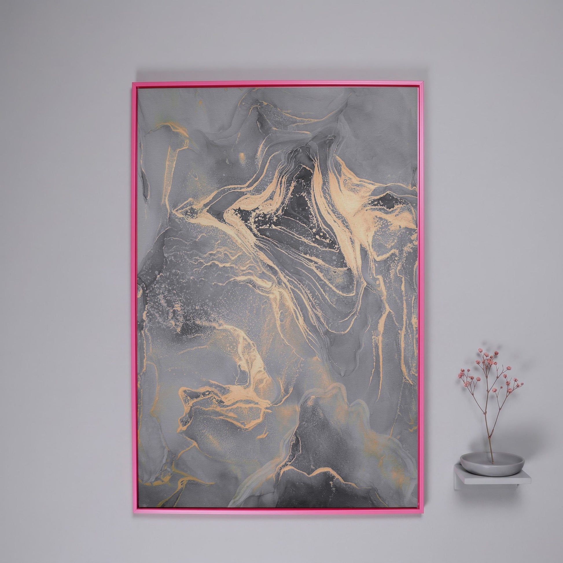 Gray Marble with Golden Veins Canvas Print in pink floating frame