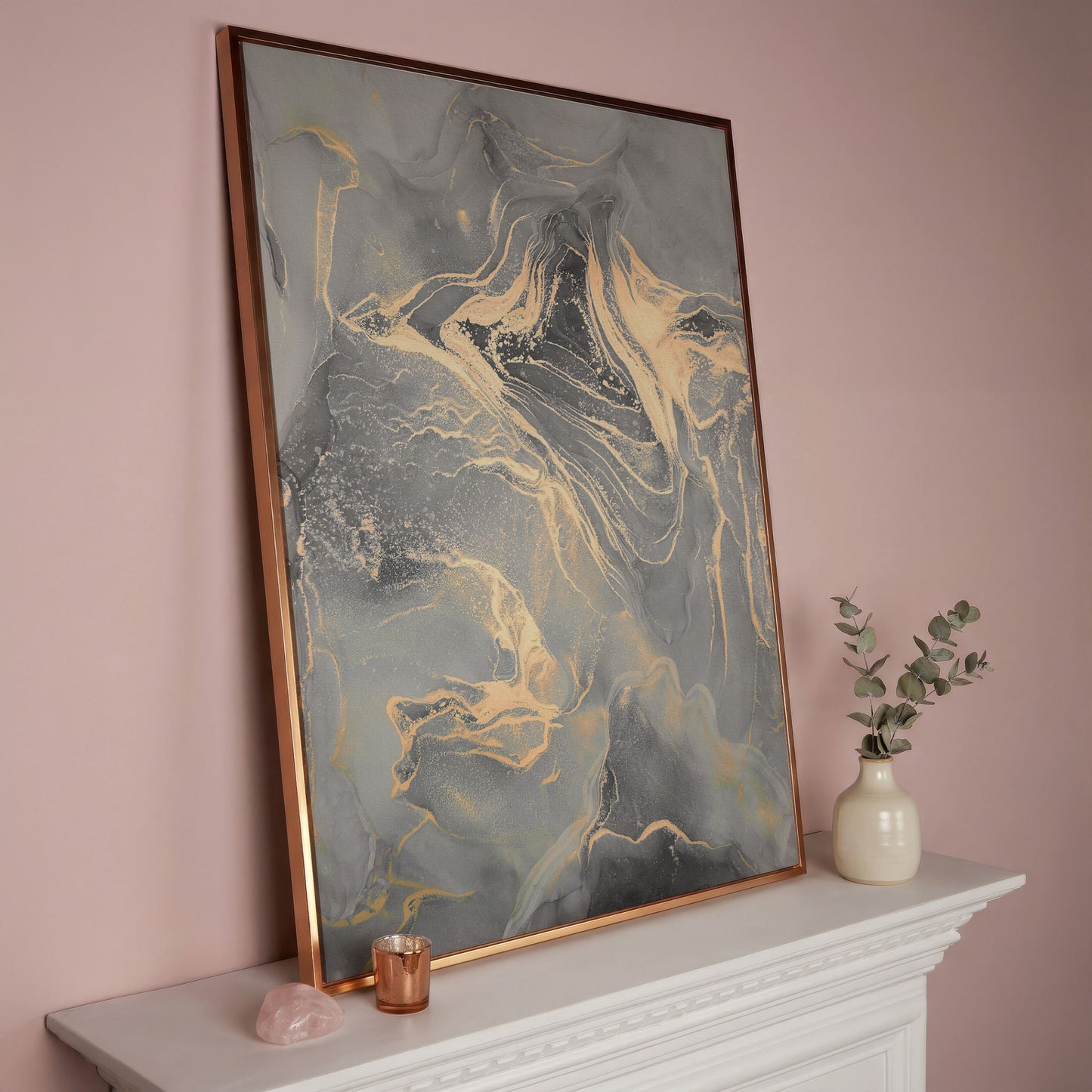 Gray Marble with Golden Veins Canvas Print in rose gold floating frame