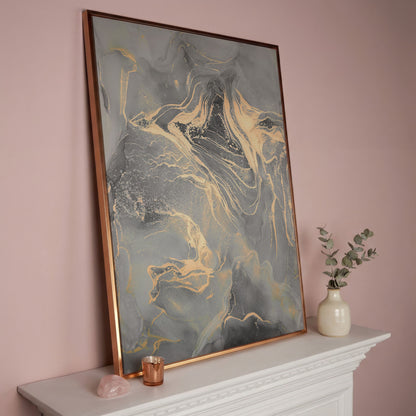 Gray Marble with Golden Veins Canvas Print in rose gold floating frame
