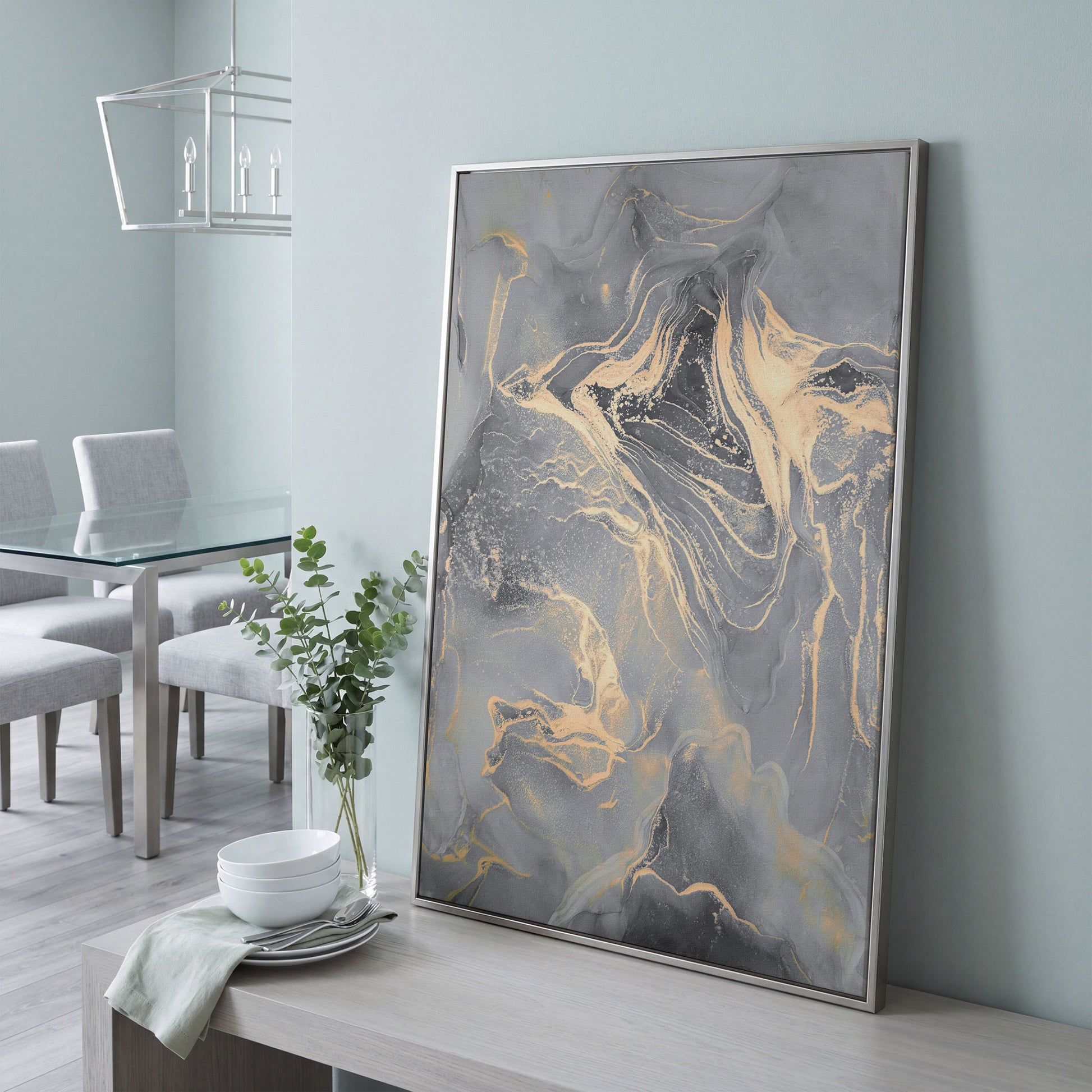 Gray Marble with Golden Veins Canvas Print in silver floating frame