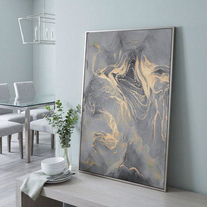 Gray Marble with Golden Veins Canvas Print in silver floating frame