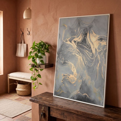 Gray Marble with Golden Veins Canvas Print in white floating frame
