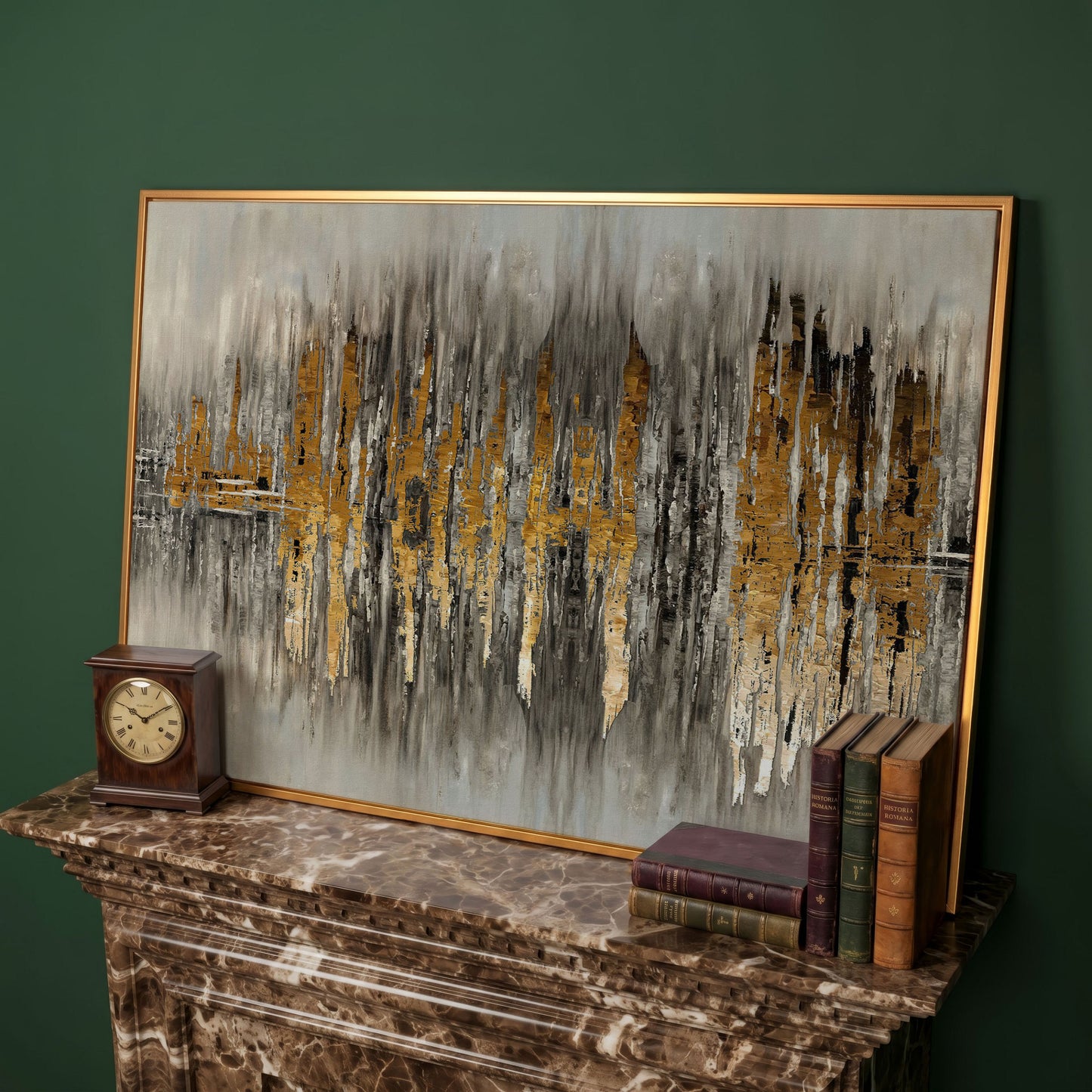 Gold and Grey Abstract Canvas Print in antique gold floating frame