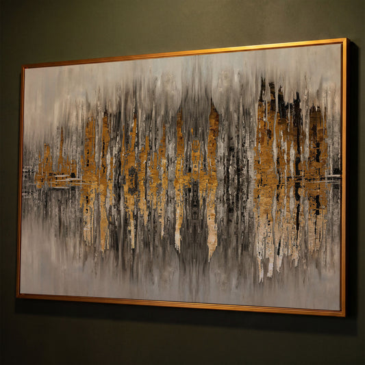 Gold and Grey Abstract Canvas Print shown in antique gold floating frame