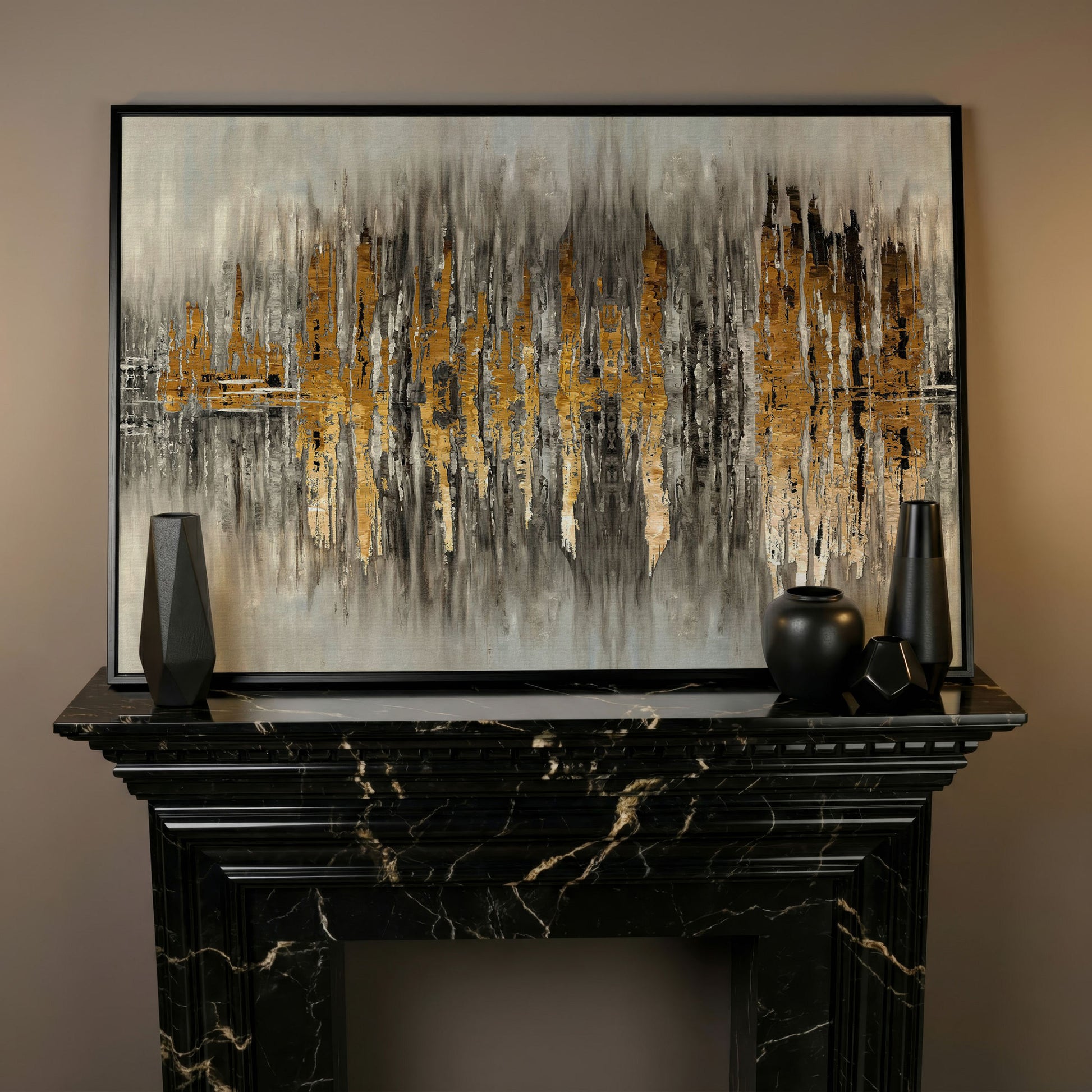 Gold and Grey Abstract Canvas Print in black floating frame