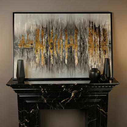 Gold and Grey Abstract Canvas Print in black floating frame