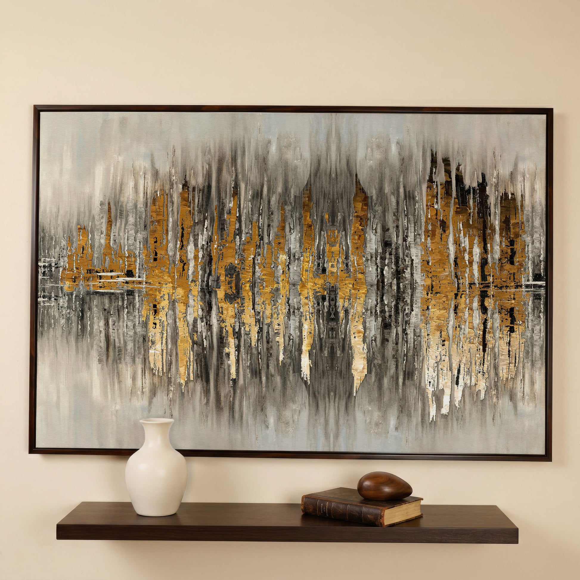 Gold and Grey Abstract Canvas Print in dark walnut floating frame
