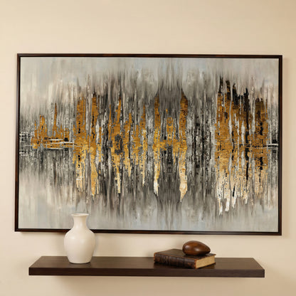 Gold and Grey Abstract Canvas Print in dark walnut floating frame