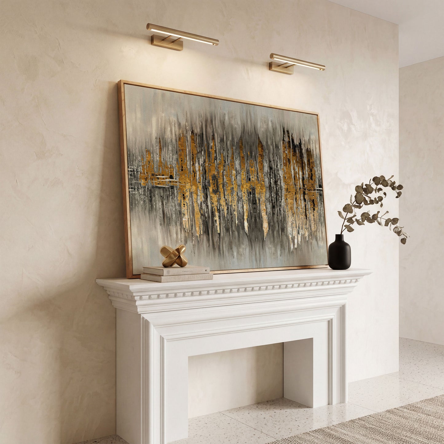 Gold and Grey Abstract Canvas Print in white oak floating frame