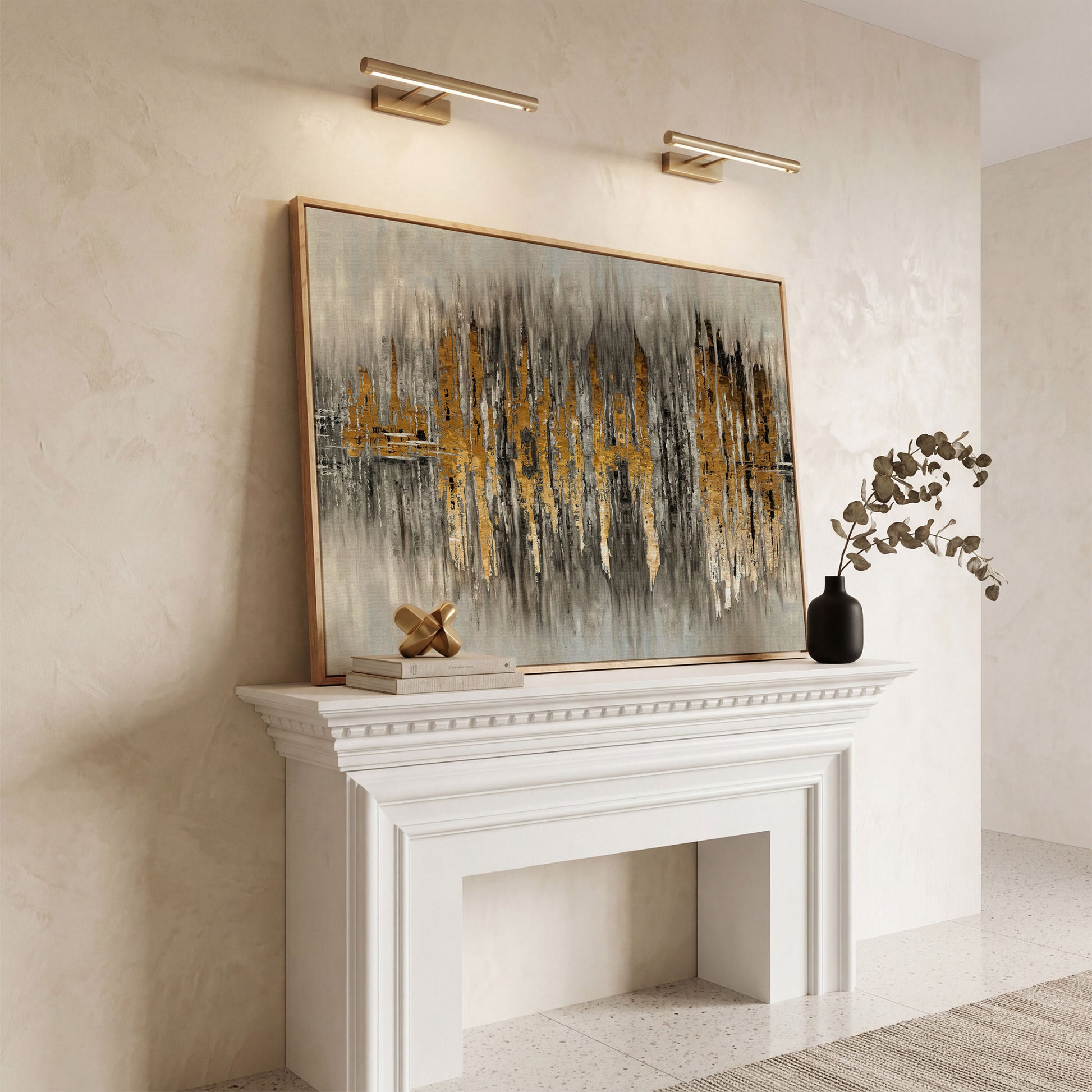 Gold and Grey Abstract Canvas Print in white oak floating frame
