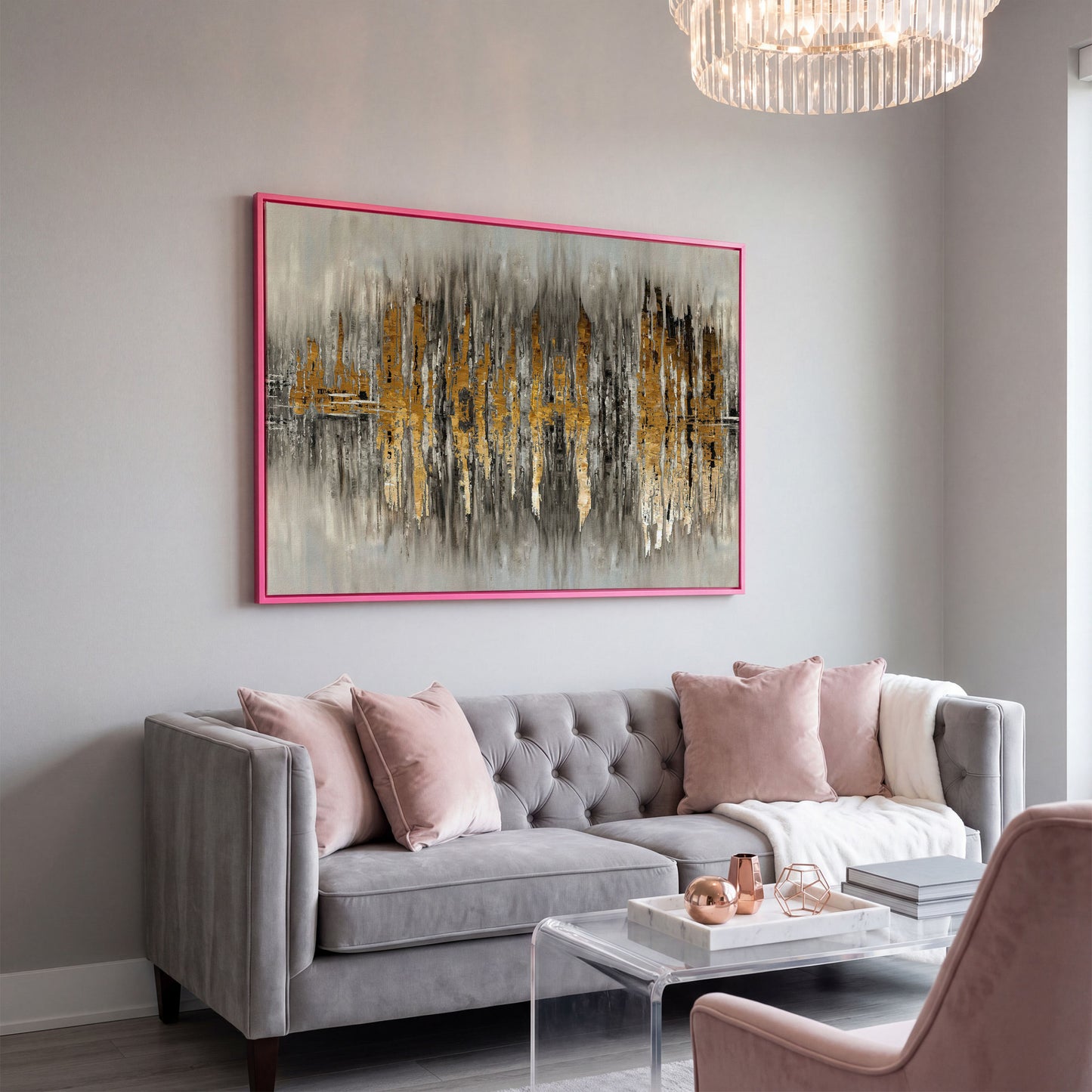 Gold and Grey Abstract Canvas Print in pink floating frame