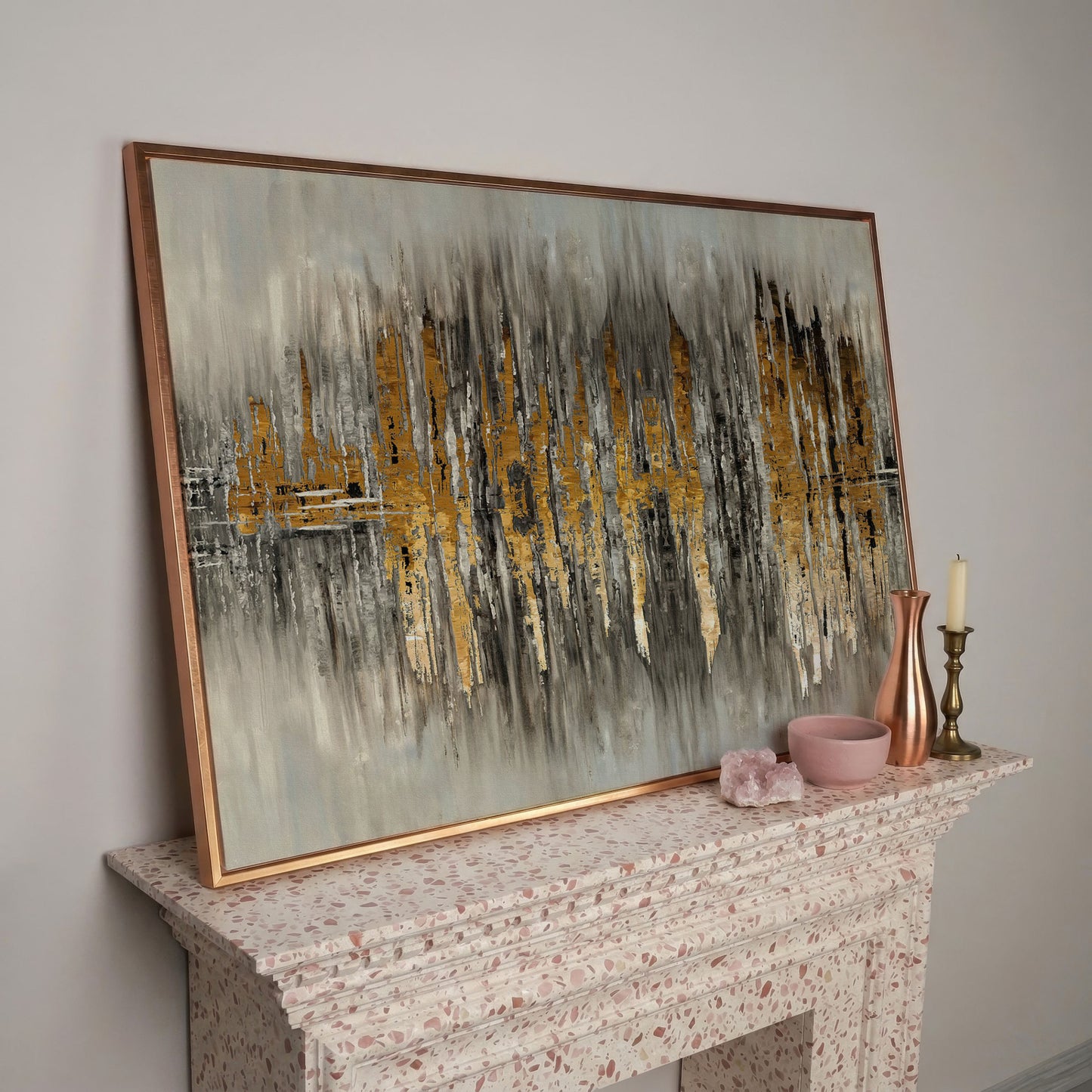 Gold and Grey Abstract Canvas Print in rose gold floating frame