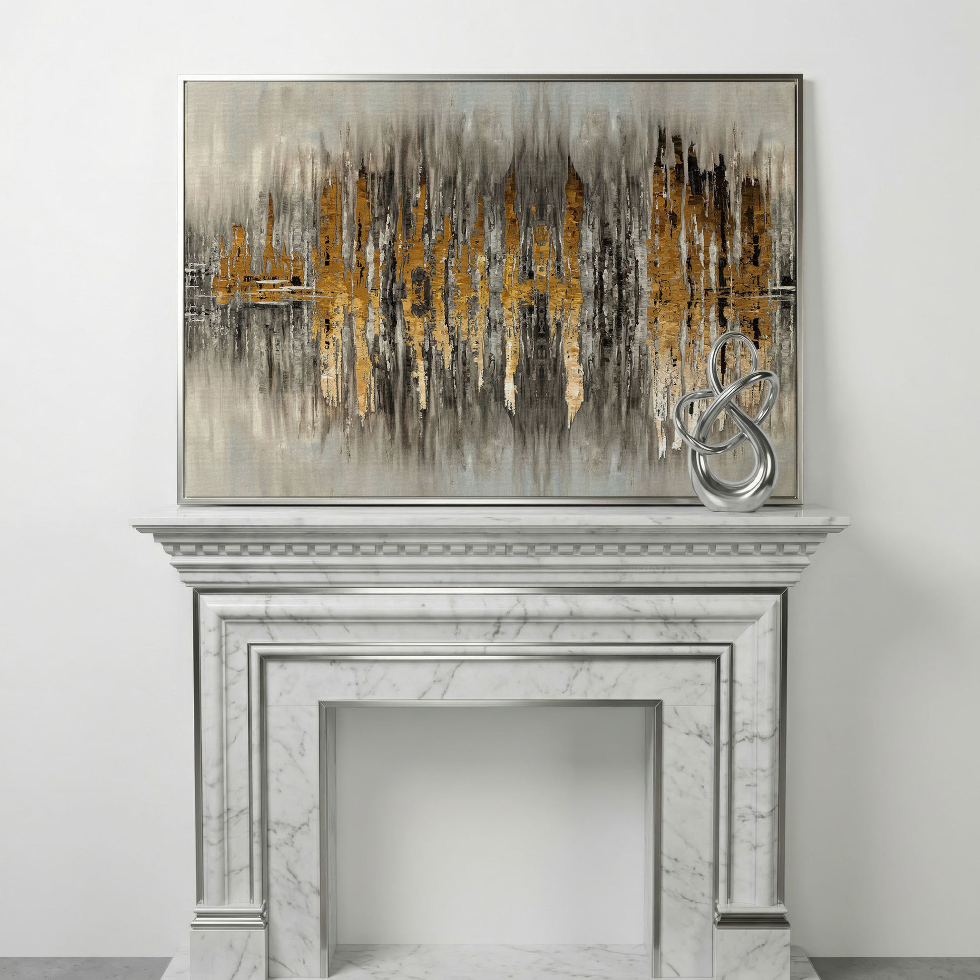 Gold and Grey Abstract Canvas Print in silver floating frame