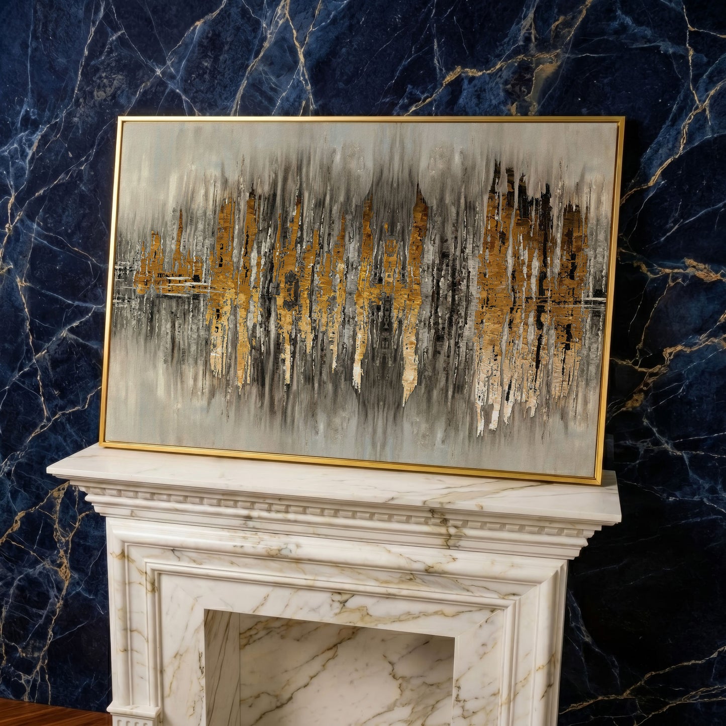 Gold and Grey Abstract Canvas Print in yellow gold floating frame