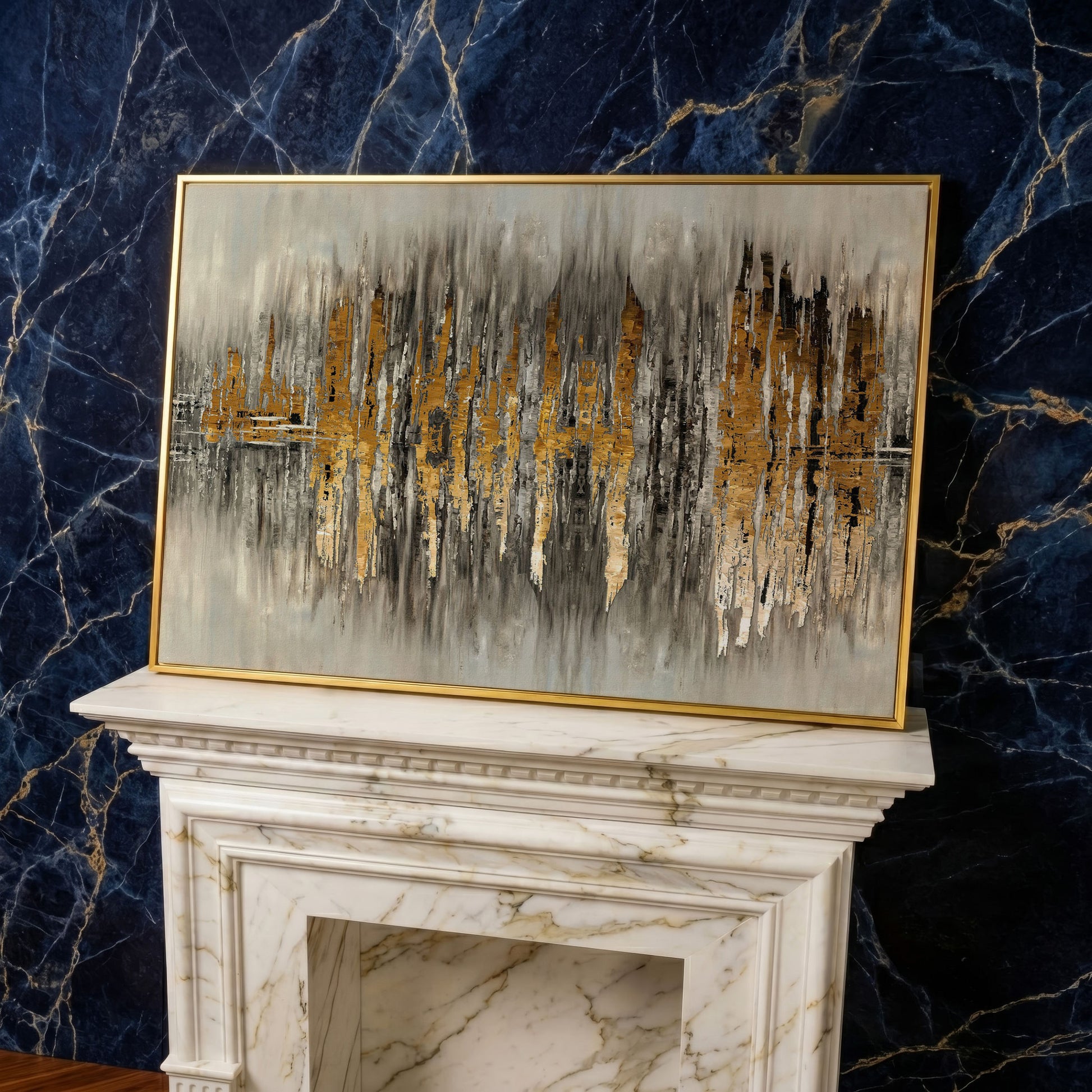 Gold and Grey Abstract Canvas Print in yellow gold floating frame
