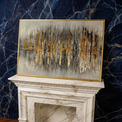 Gold and Grey Abstract Canvas Print in yellow gold floating frame