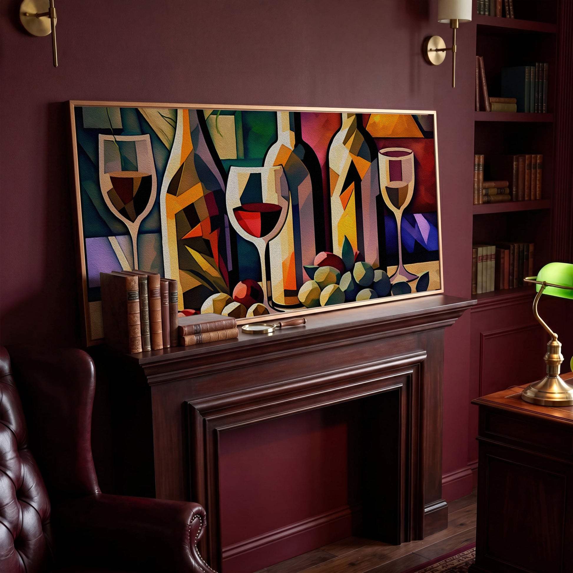 Cubism Wine Canvas for Bars and Restaurants in antique gold floating frame