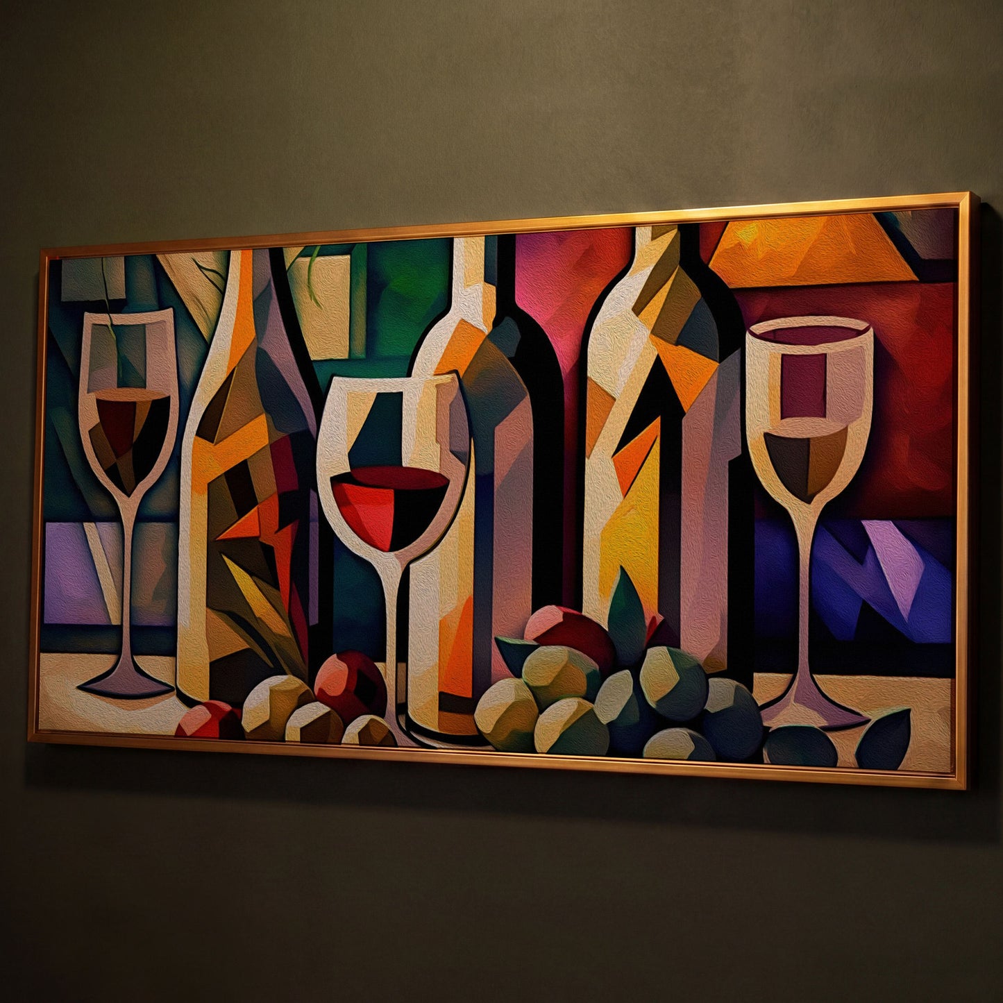 Cubism Wine Canvas for Bars and Restaurants shown in antique gold floating frame