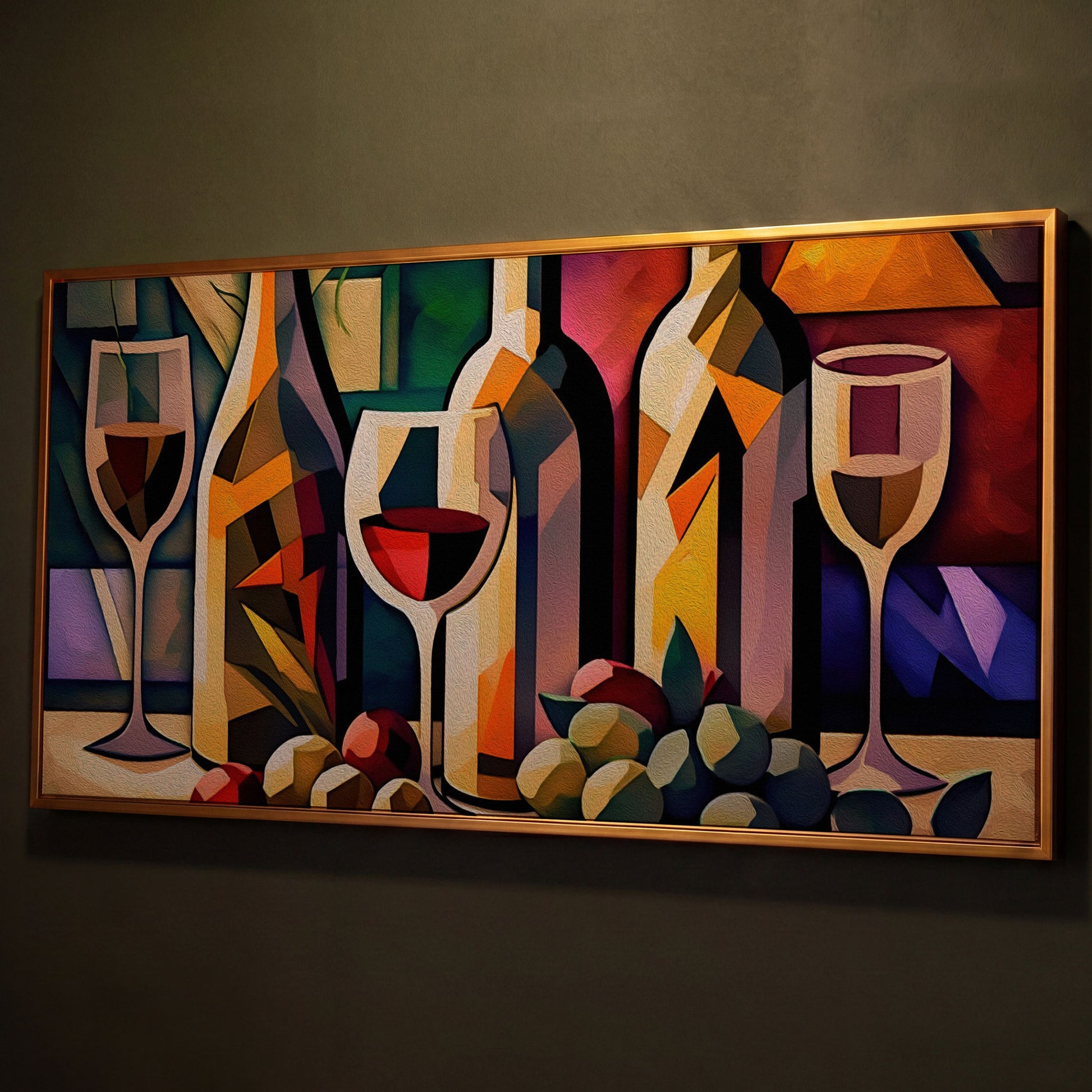 Cubism Wine Canvas for Bars and Restaurants shown in antique gold floating frame