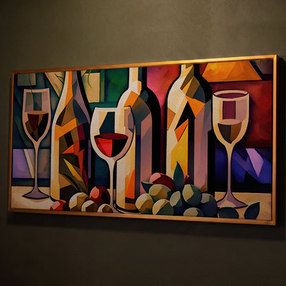 Cubism Wine Canvas for Bars and Restaurants shown in antique gold floating frame