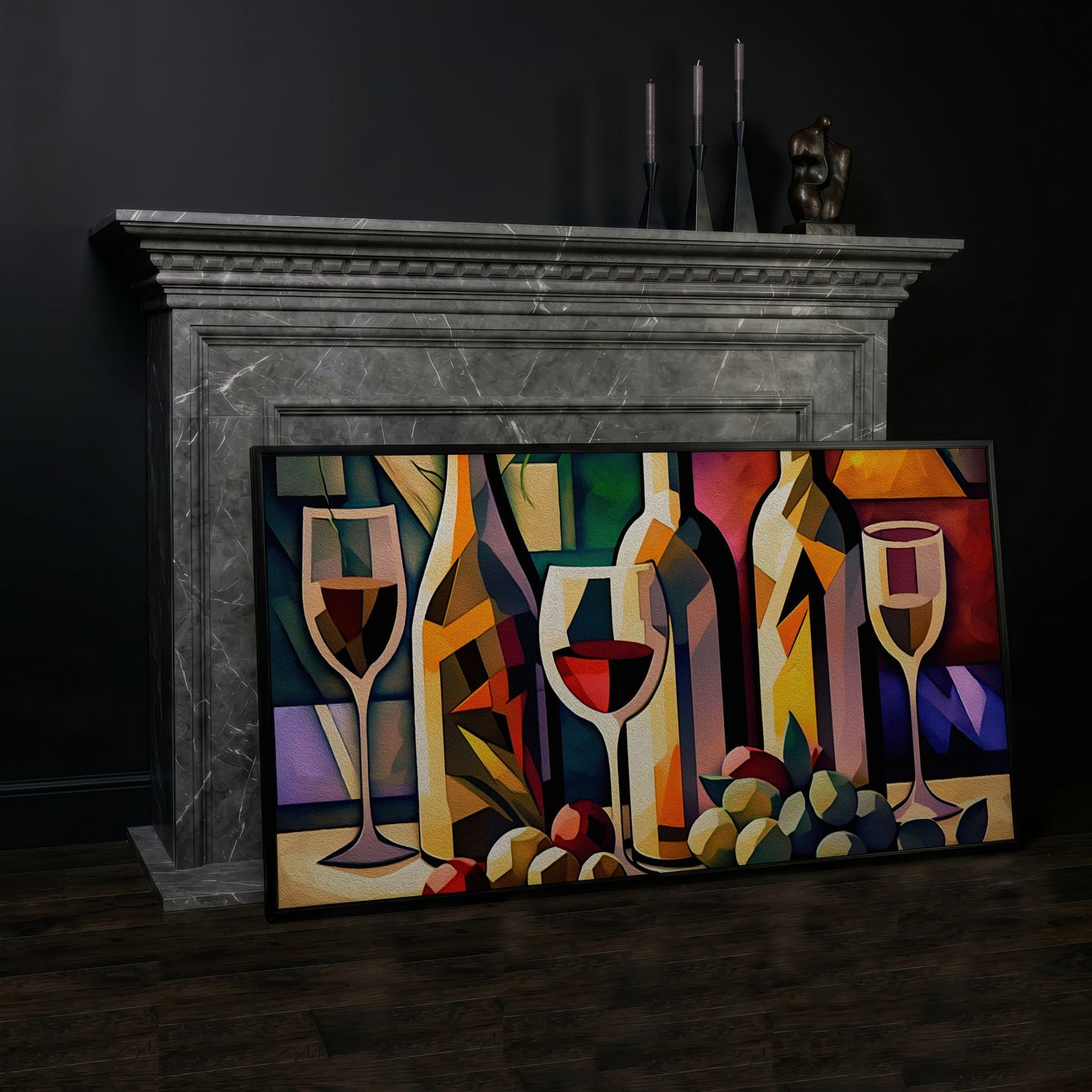 Cubism Wine Canvas for Bars and Restaurants in black floating frame