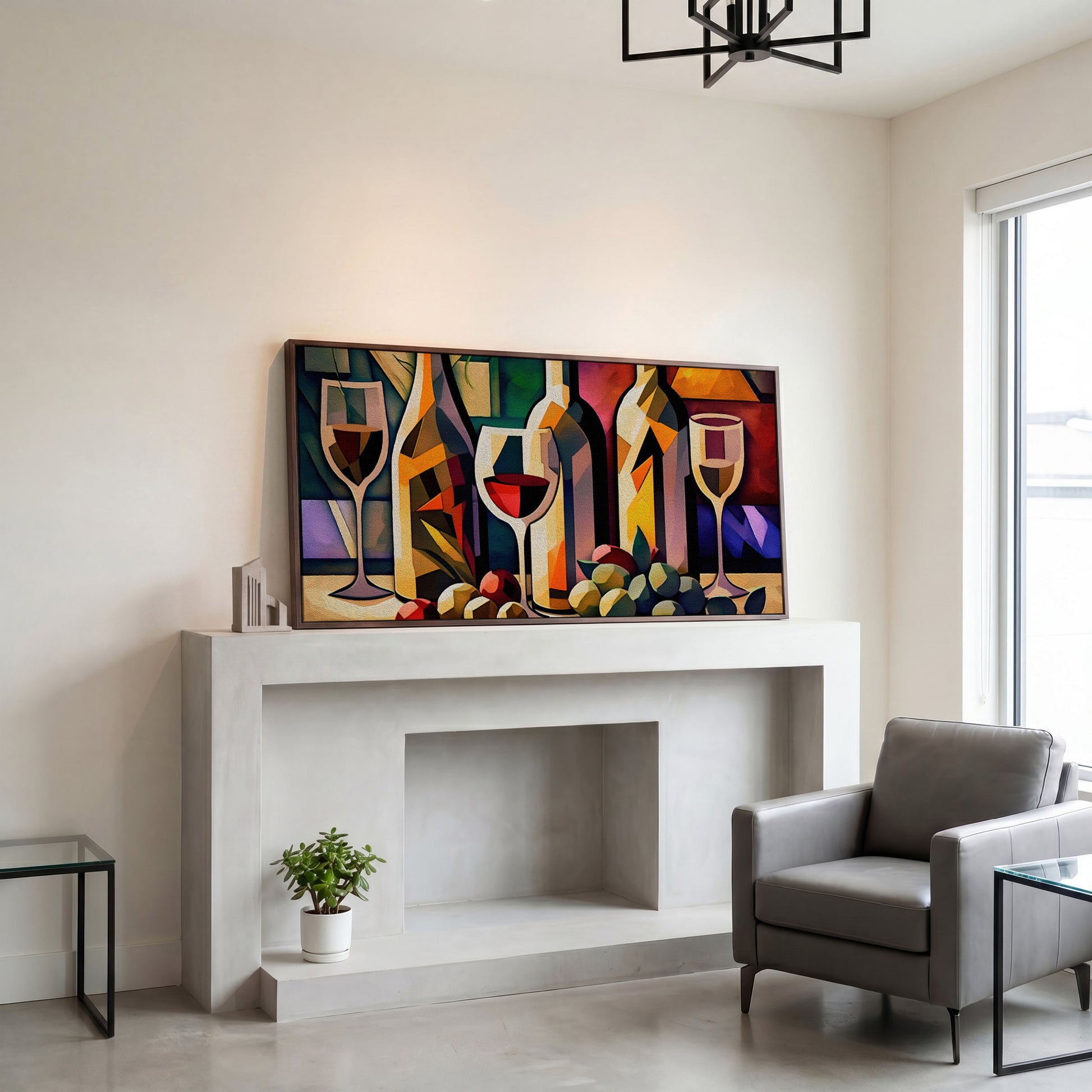Cubism Wine Canvas for Bars and Restaurants in dark walnut floating frame