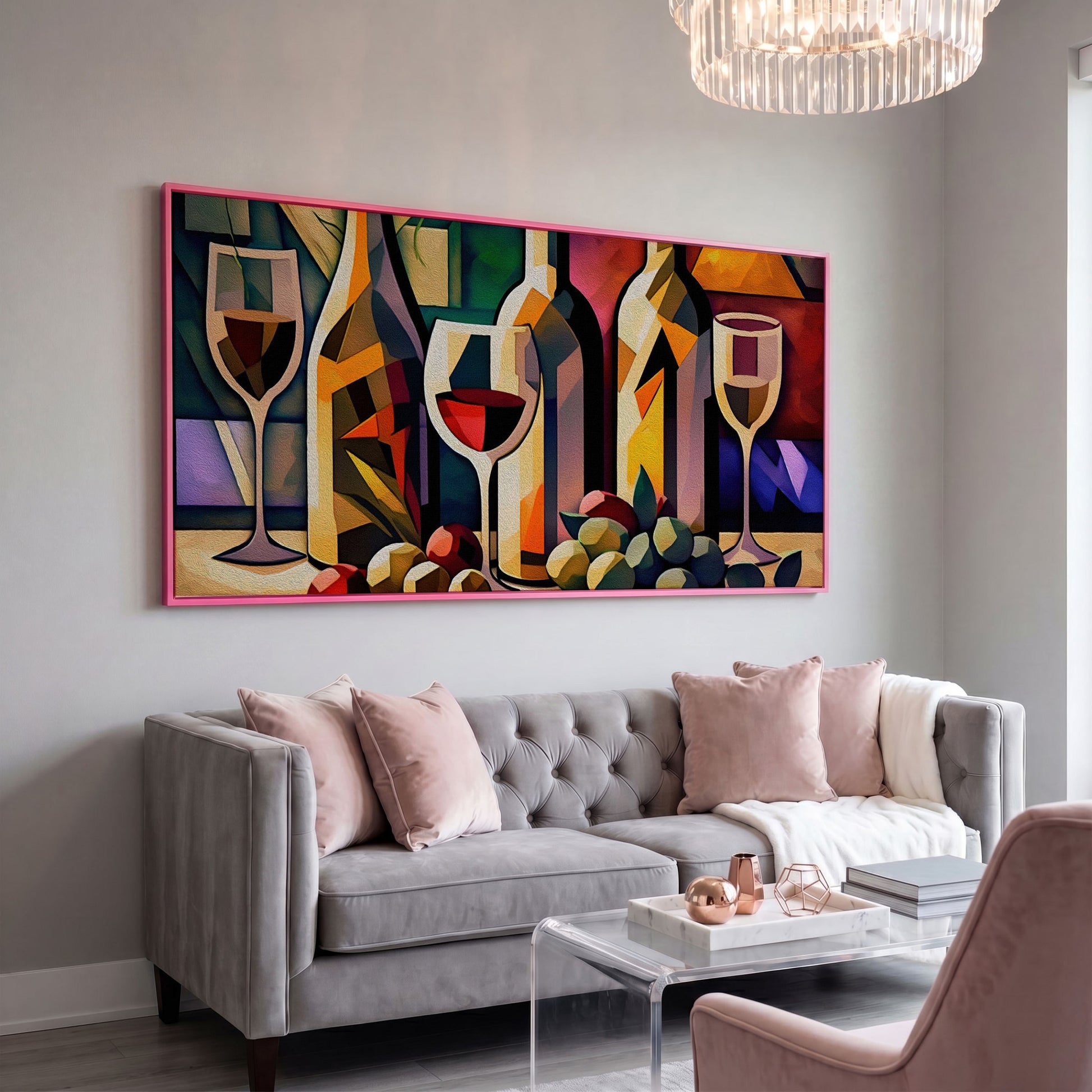 Cubism Wine Canvas for Bars and Restaurants in pink floating frame