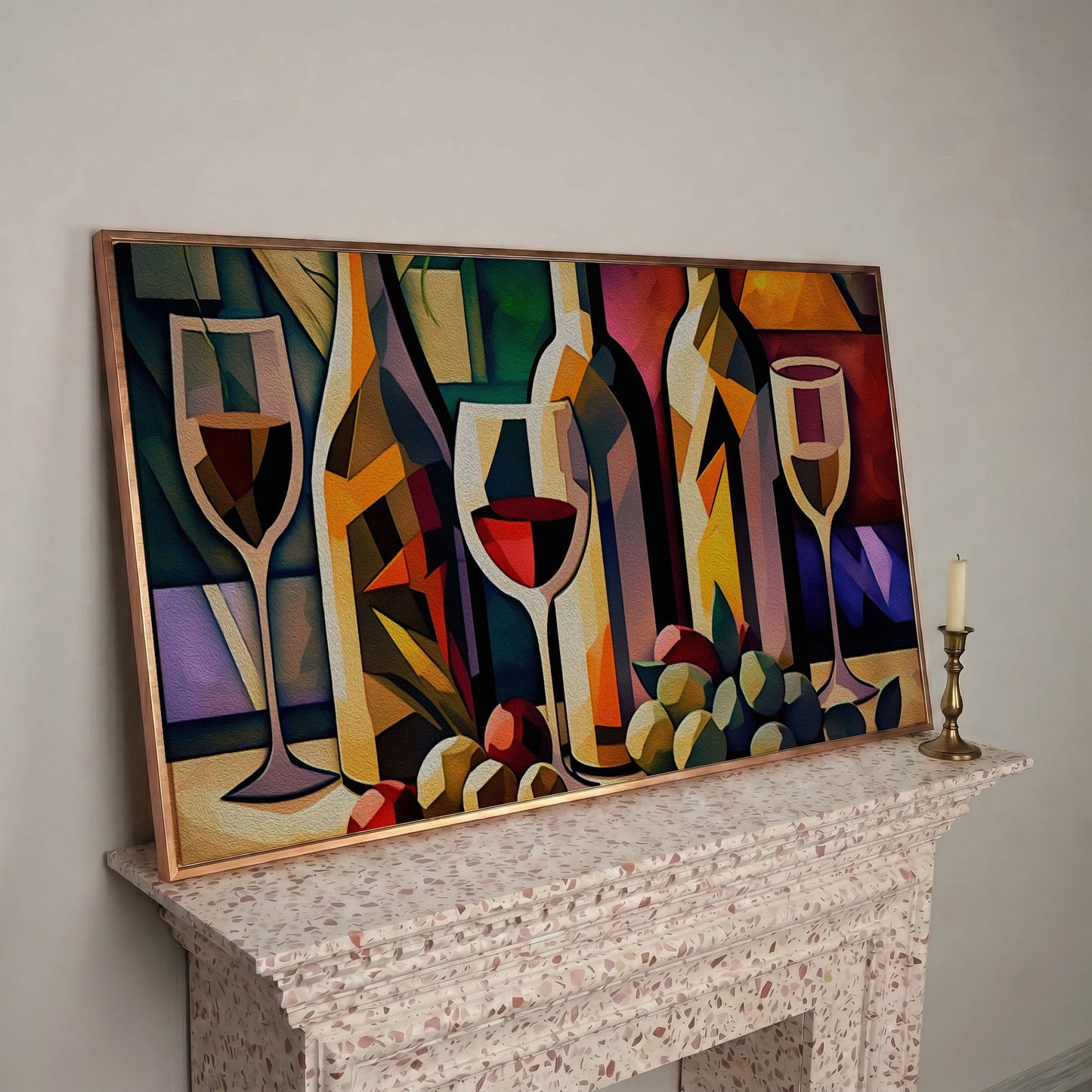 Cubism Wine Canvas for Bars and Restaurants in rose gold floating frame