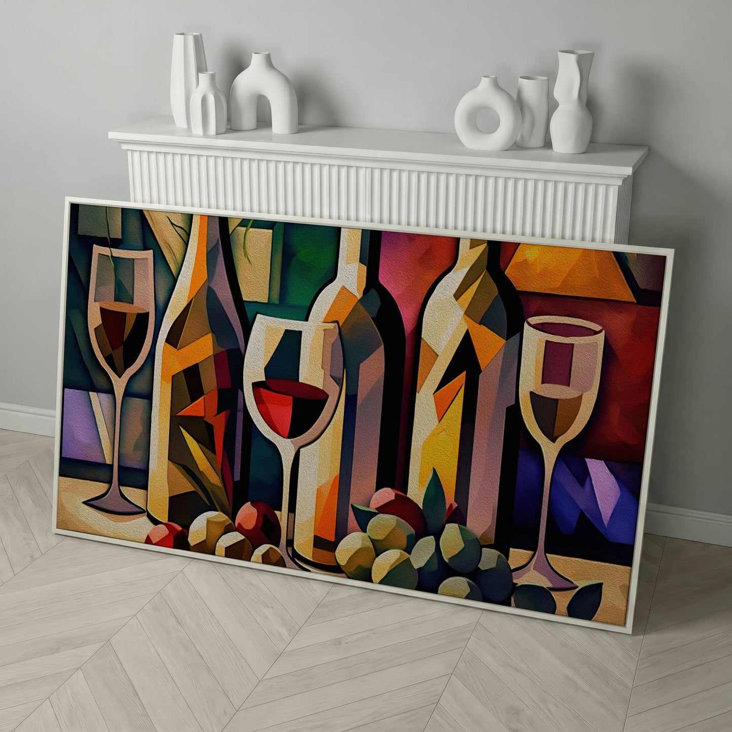 Cubism Wine Canvas for Bars and Restaurants in white floating frame