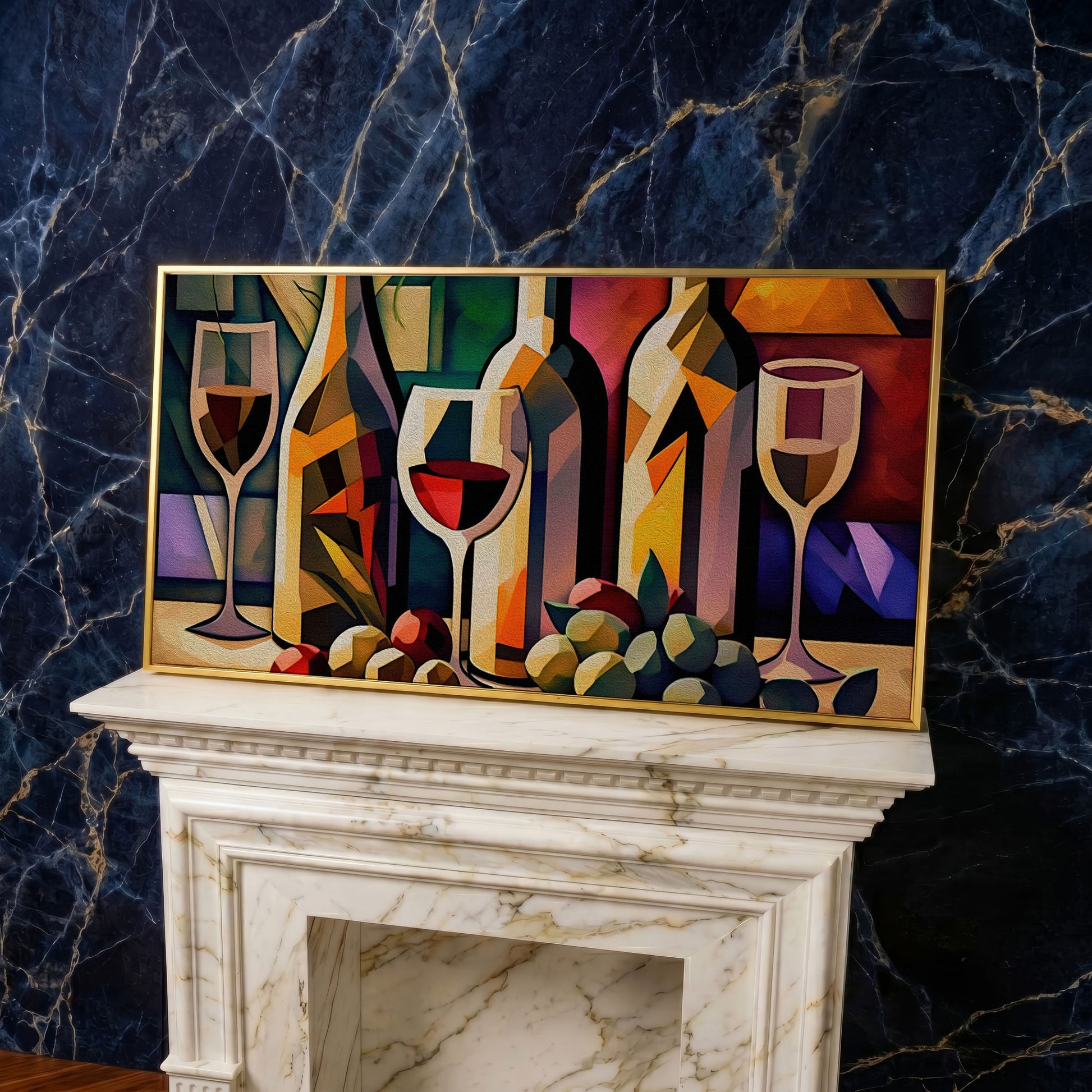 Cubism Wine Canvas for Bars and Restaurants in yellow gold floating frame