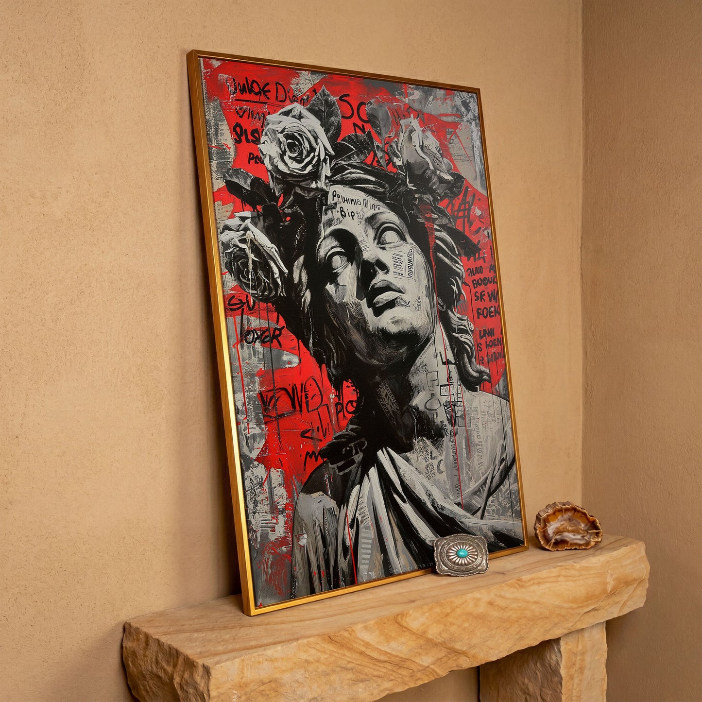 Graffiti Statue with Roses Canvas Print in antique gold floating frame