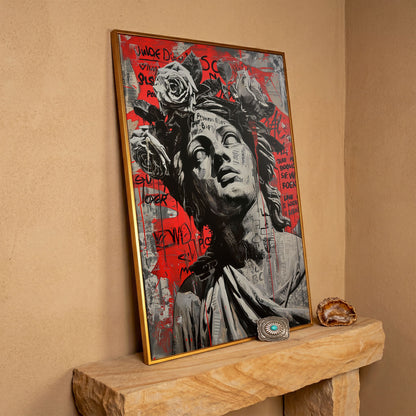 Graffiti Statue with Roses Canvas Print in antique gold floating frame
