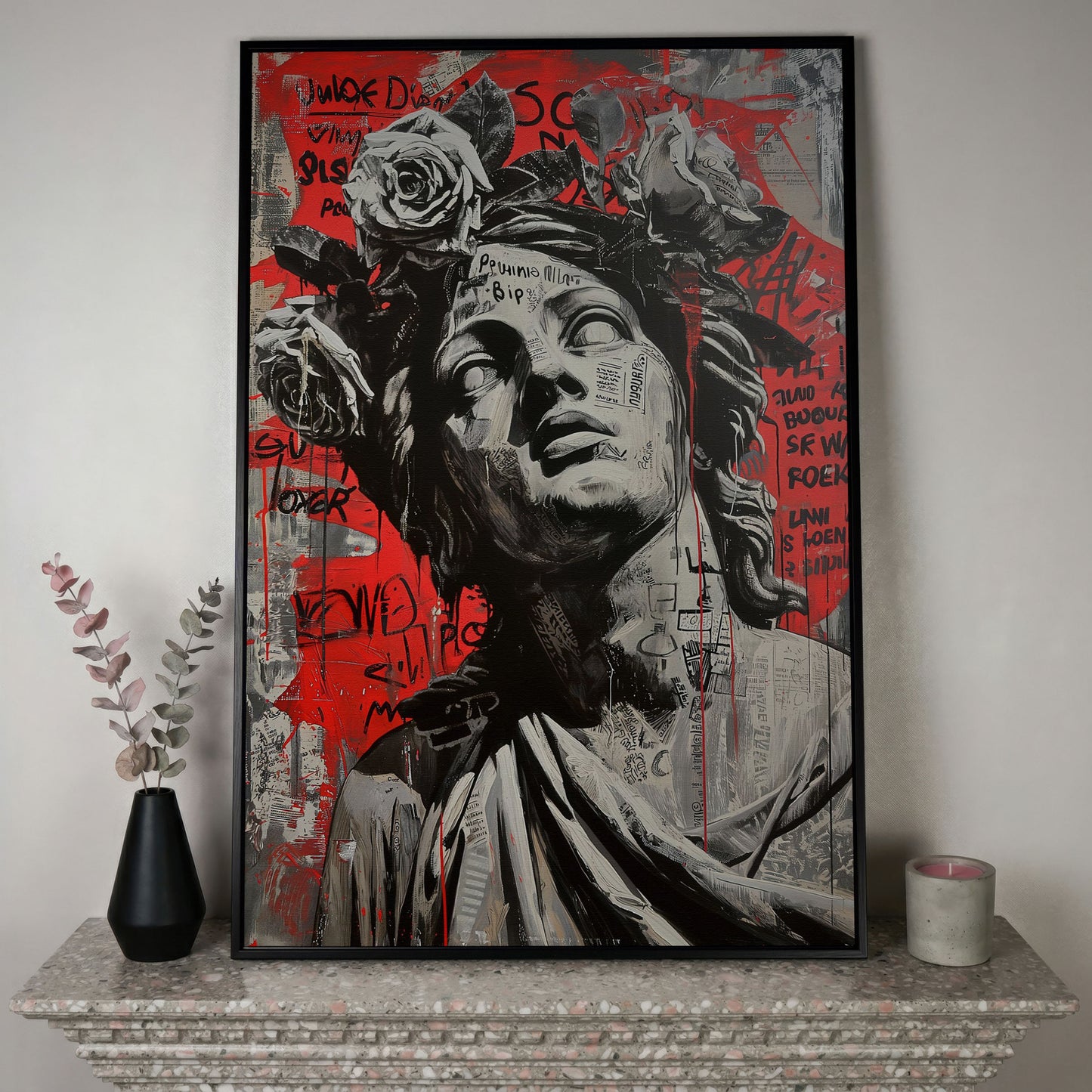 Graffiti Statue with Roses Canvas Print in black floating frame